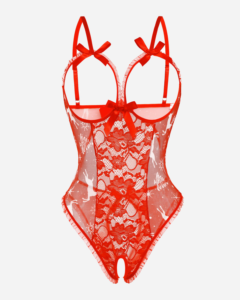 Red lace cut-out bodysuit with adjustable straps and backless design for sensual confidence.