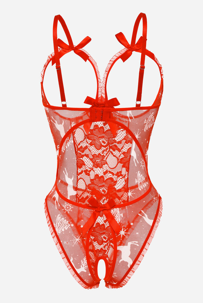 Red lace cut-out bodysuit with reindeer print, backless design, and adjustable straps.