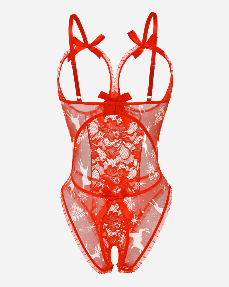 Red lace cut-out bodysuit with reindeer print, backless design, and adjustable straps.