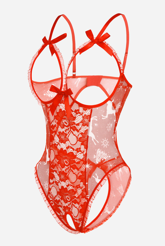 Red lace cut-out bodysuit with adjustable straps and backless design featuring reindeer pattern.