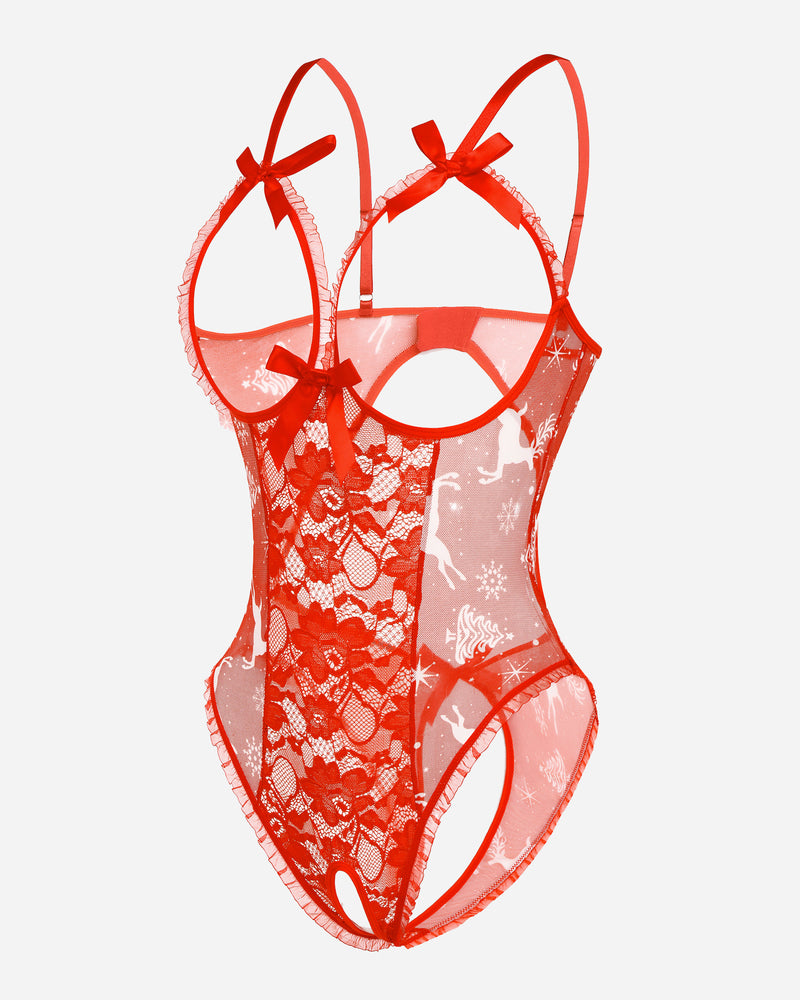 Red lace cut-out bodysuit with adjustable straps and backless design featuring reindeer pattern.