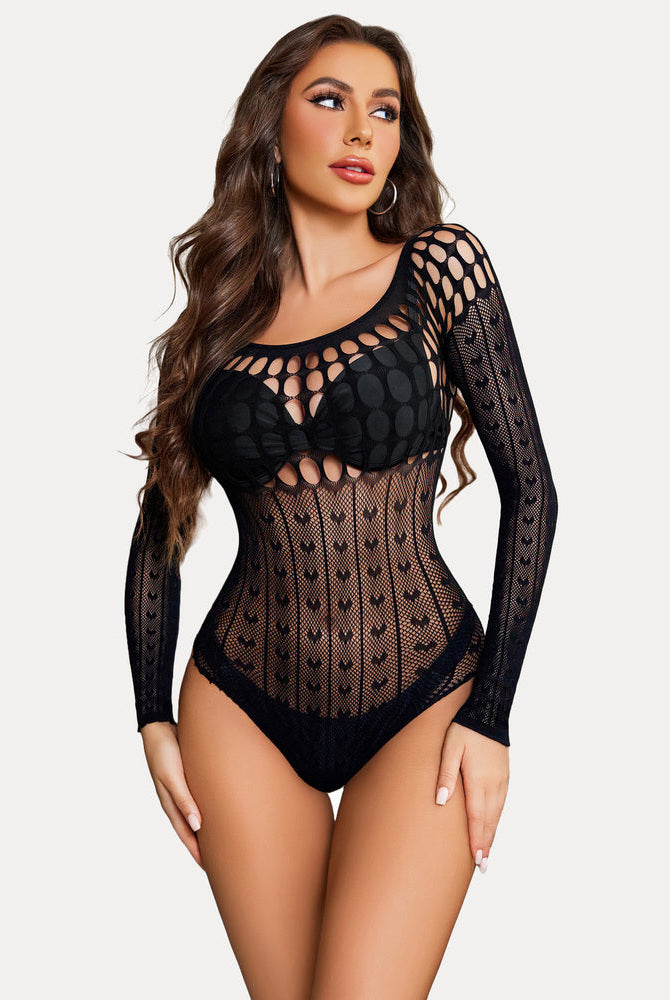 Black fishnet bodysuit with long sleeves, hollow-out chest and heart pattern