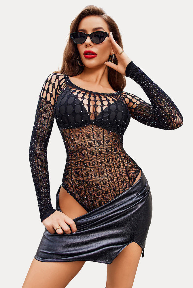 Black sparkly fishnet bodysuit with long sleeves and hollow-out bust