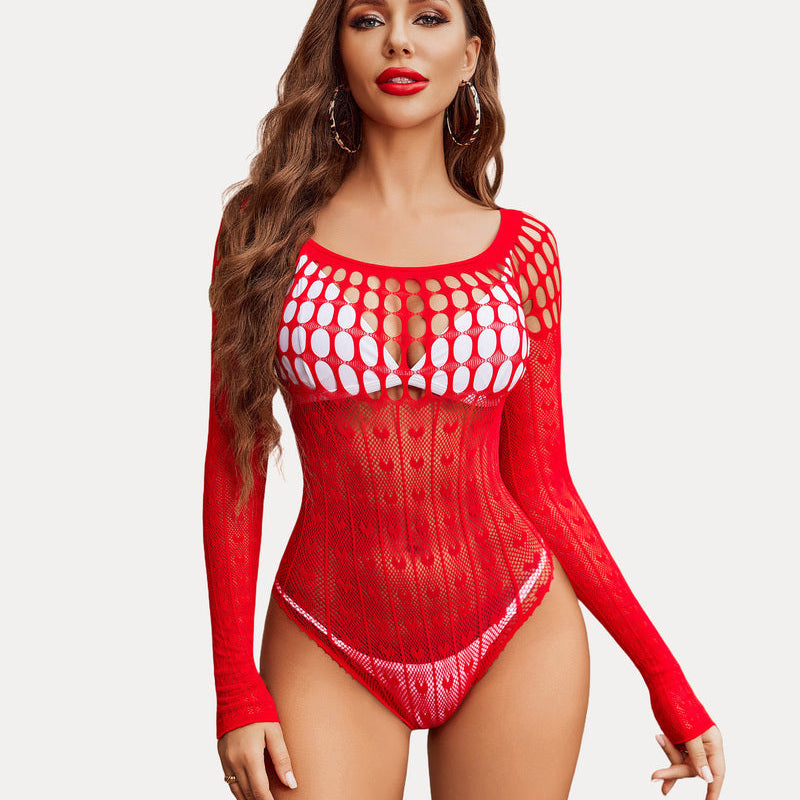 Red fishnet bodysuit with long sleeves and hollow-out chest