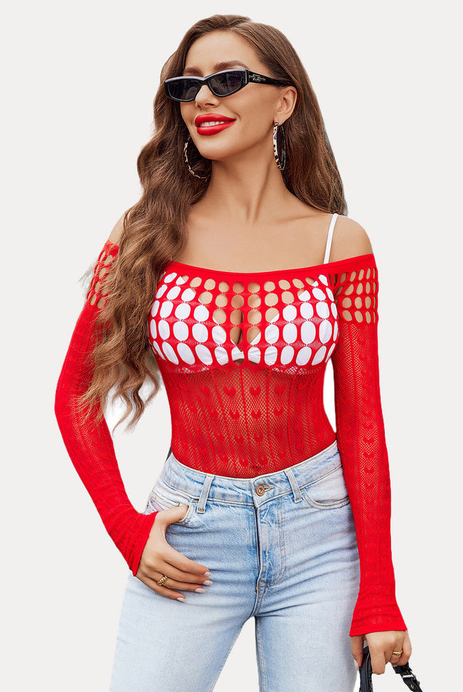 Red fishnet bodysuit with hollow-out pattern, long sleeves, scoop neckline