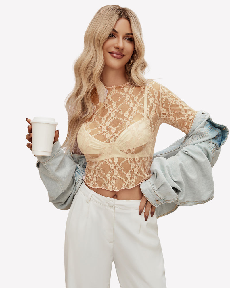 Beige floral lace mock neck sheer top and white pants, perfect for layering, sheer blouse