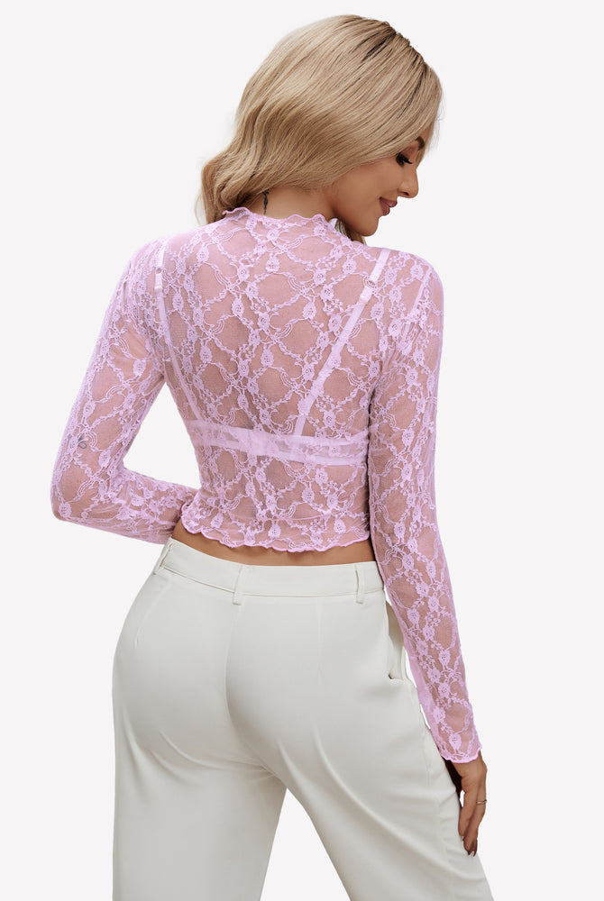 Light purple floral lace mock neck sheer top, ideal for layering. See-through long sleeve blouse.