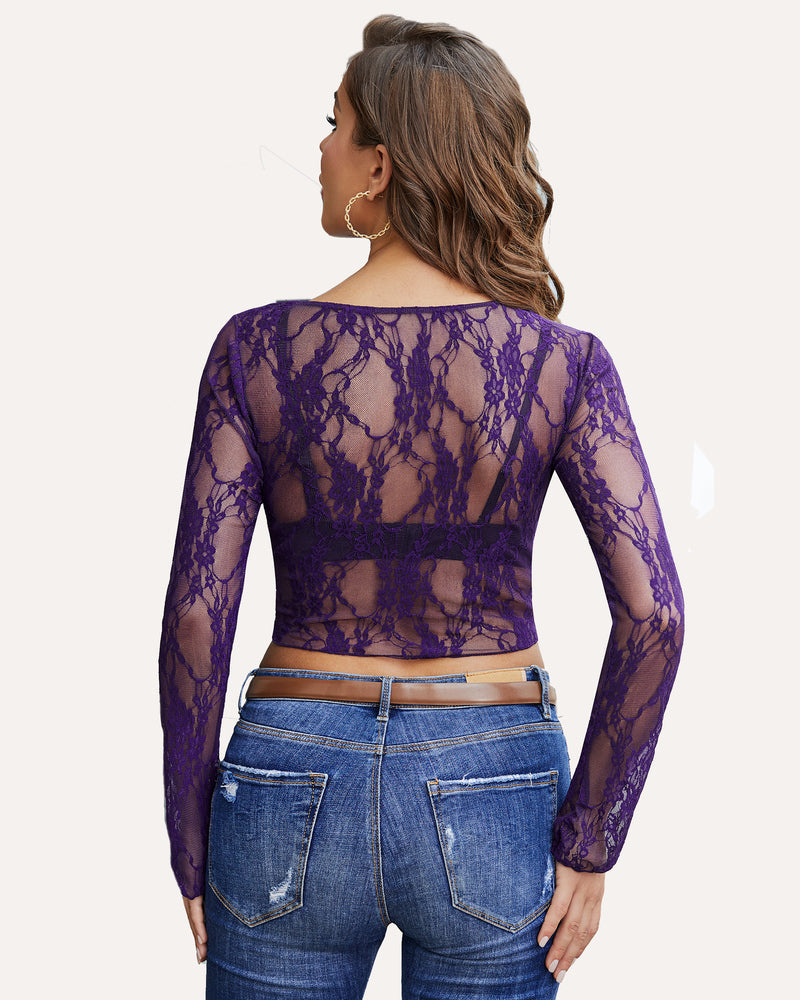 Purple floral lace sheer top with bell sleeves and denim jeans. Classy, elegant and sexy style.