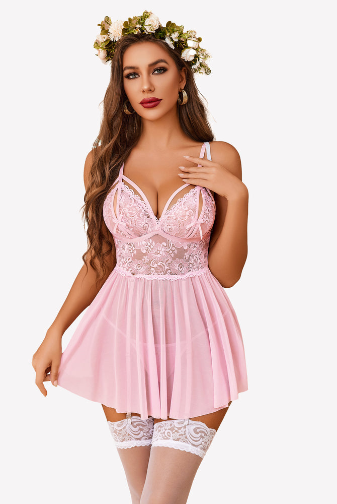 Pink lace babydoll lingerie dress with garter straps and white stockings for a special night