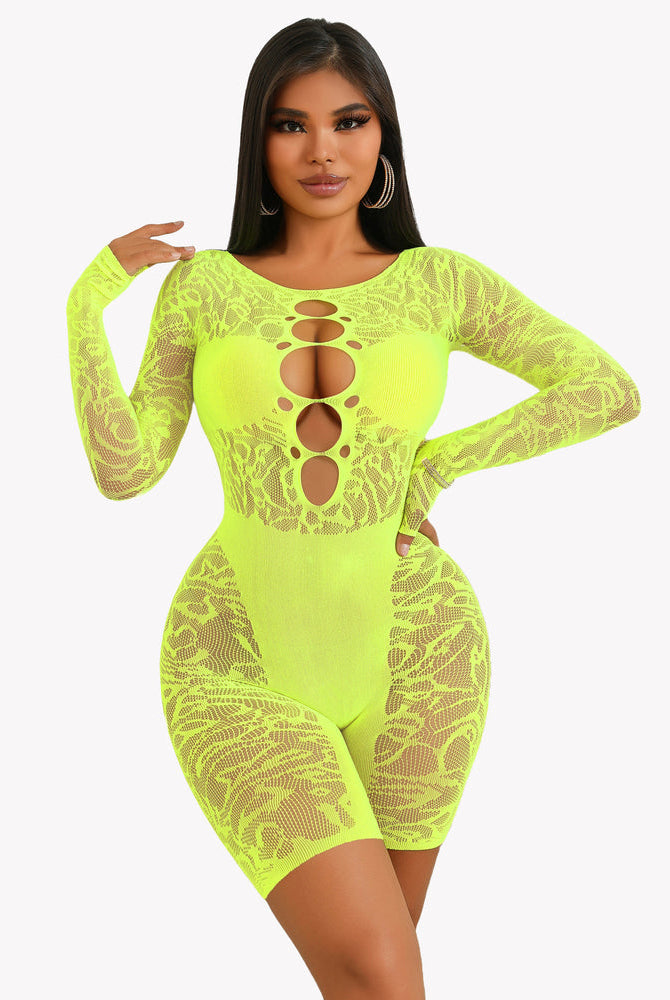 Neon yellow fishnet bodysuit. Sexy lingerie with chest cutout design, designed to enhance curves.