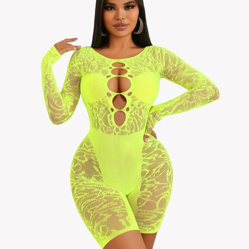 Neon yellow fishnet bodysuit. Sexy lingerie with chest cutout design, designed to enhance curves.