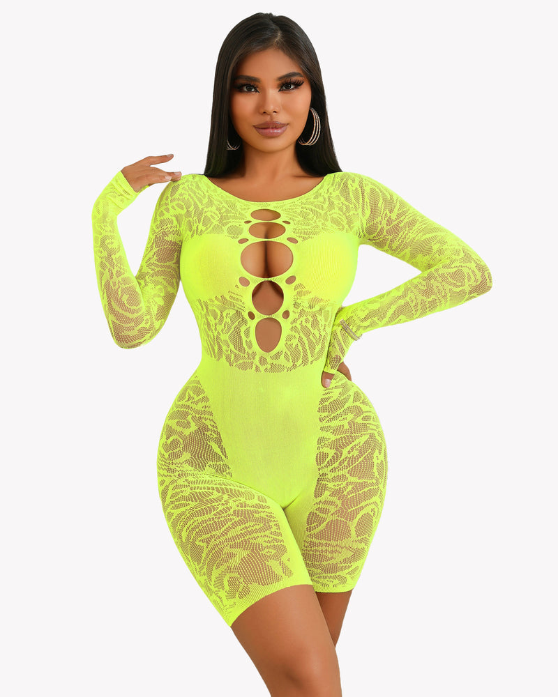 Neon yellow fishnet bodysuit. Sexy lingerie with chest cutout design, designed to enhance curves.