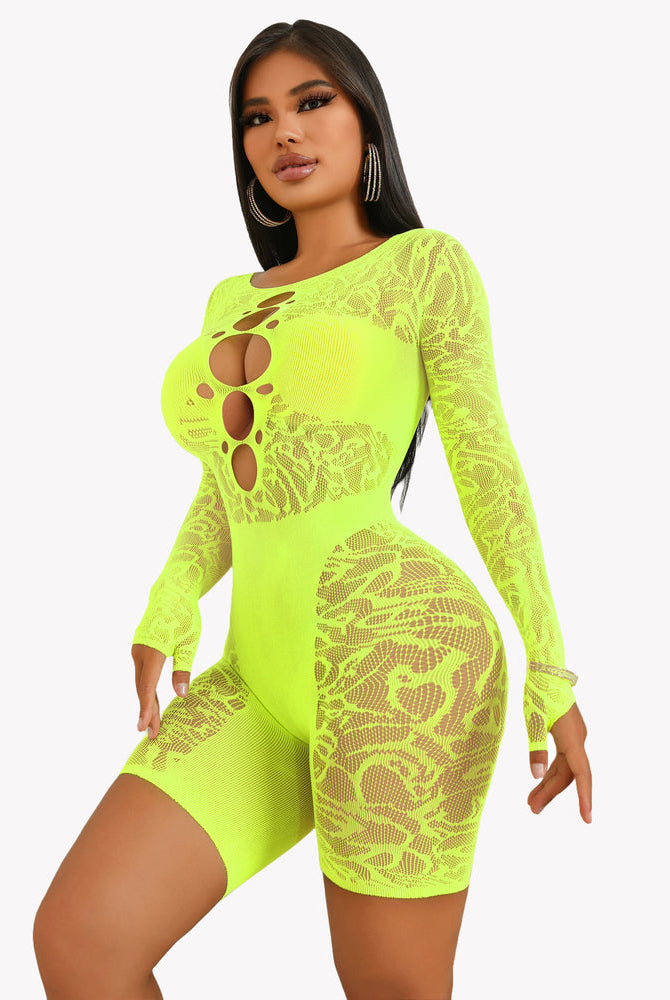 Neon yellow fishnet bodysuit with lace cutout, designed to enhance curves. Sexy Avidlove lingerie.