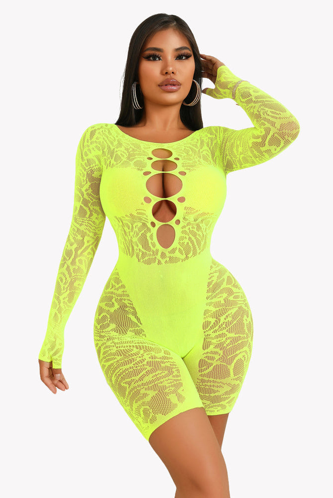 Neon yellow fishnet bodysuit, cutout detail, designed to enhance curves. Perfect for sexy lingerie.