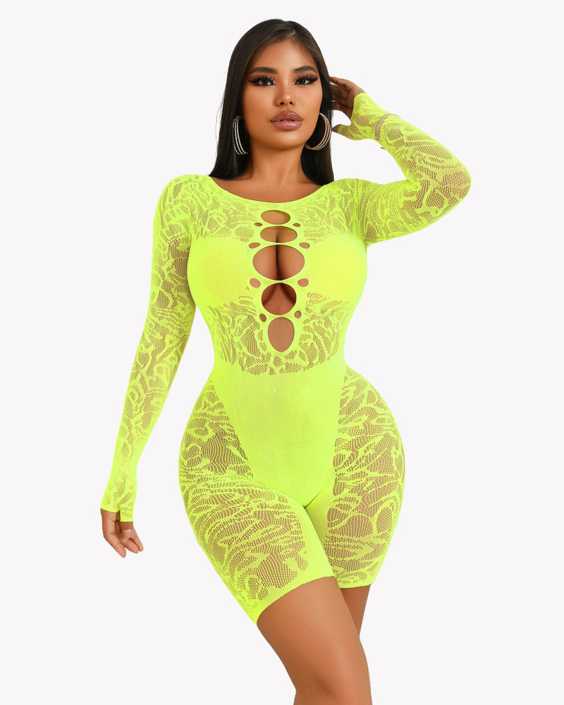 Neon yellow fishnet bodysuit, cutout detail, designed to enhance curves. Perfect for sexy lingerie.