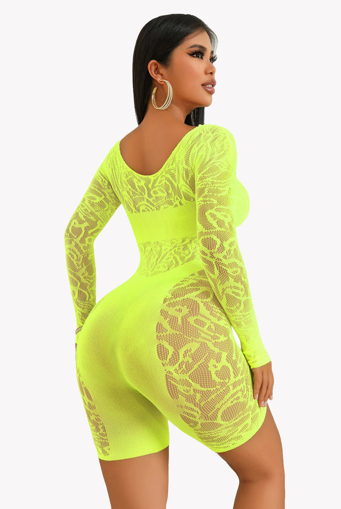 Neon yellow fishnet bodysuit, designed to enhance curves. Sexy Avidlove lingerie.