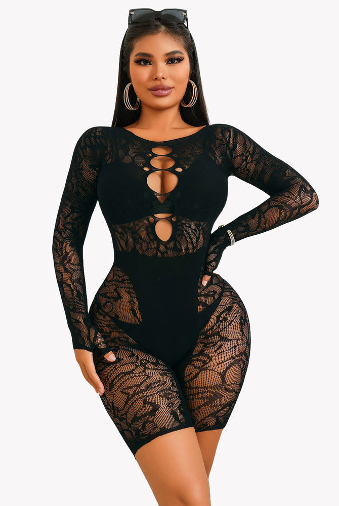 Black lace fishnet bodysuit with chest cutout, perfect for showing off curves