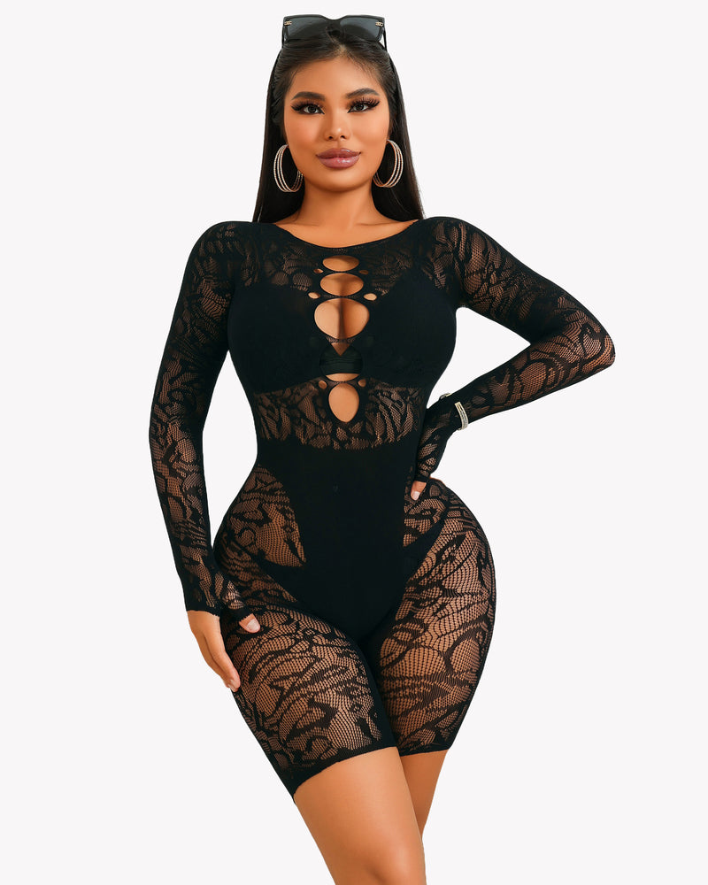 Black lace fishnet bodysuit with chest cutout, perfect for showing off curves