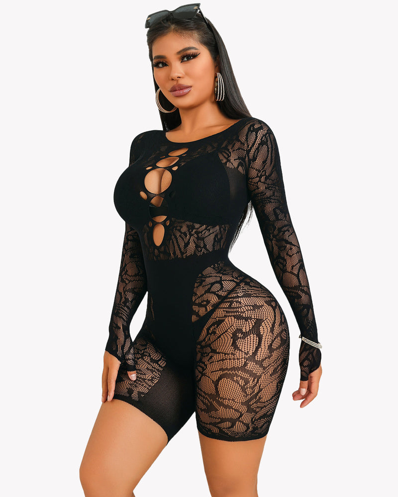 Black lace fishnet bodysuit with chest cutout, designed to enhance curves, perfect for sexy lingerie