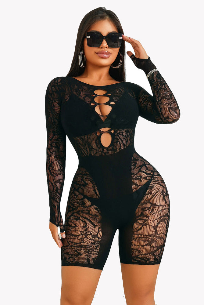 Black fishnet bodysuit with lace cut out detail, perfect for showing off sexy curves