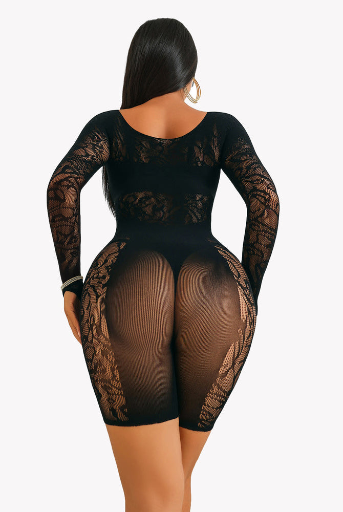 Black lace fishnet bodysuit, long sleeves, designed to enhance curves. Sexy Avidlove lingerie.