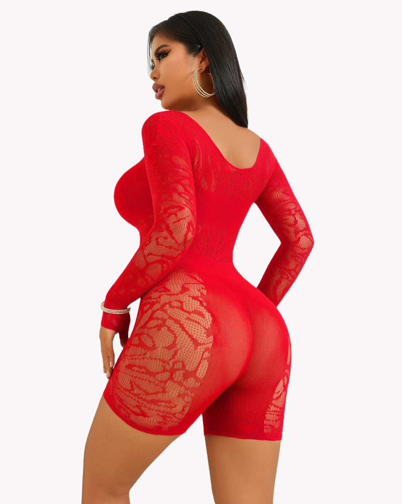 Red fishnet bodysuit with lace detailing, designed to enhance curves. Perfect for sexy lingerie.
