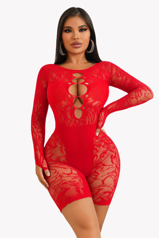 Red fishnet bodysuit with chest cutout, designed to enhance curves. Sexy lingerie for women.