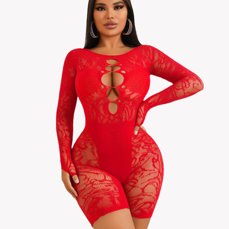 Red fishnet bodysuit with chest cutout, designed to enhance curves. Sexy lingerie for women.