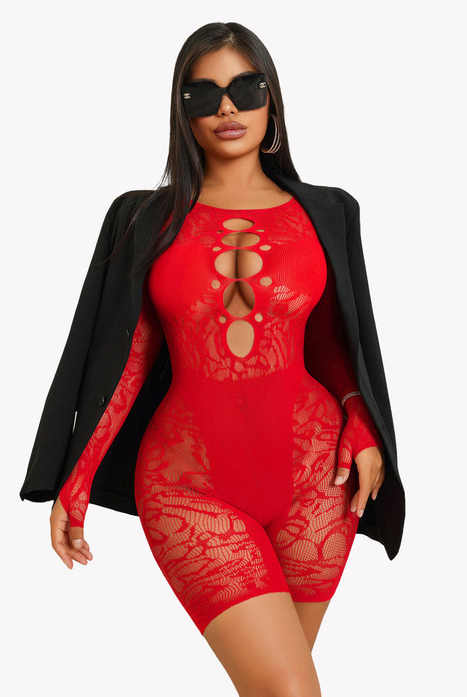 Red fishnet bodysuit with cutout, enhancing curves. Sexy lingerie with black blazer and shades.