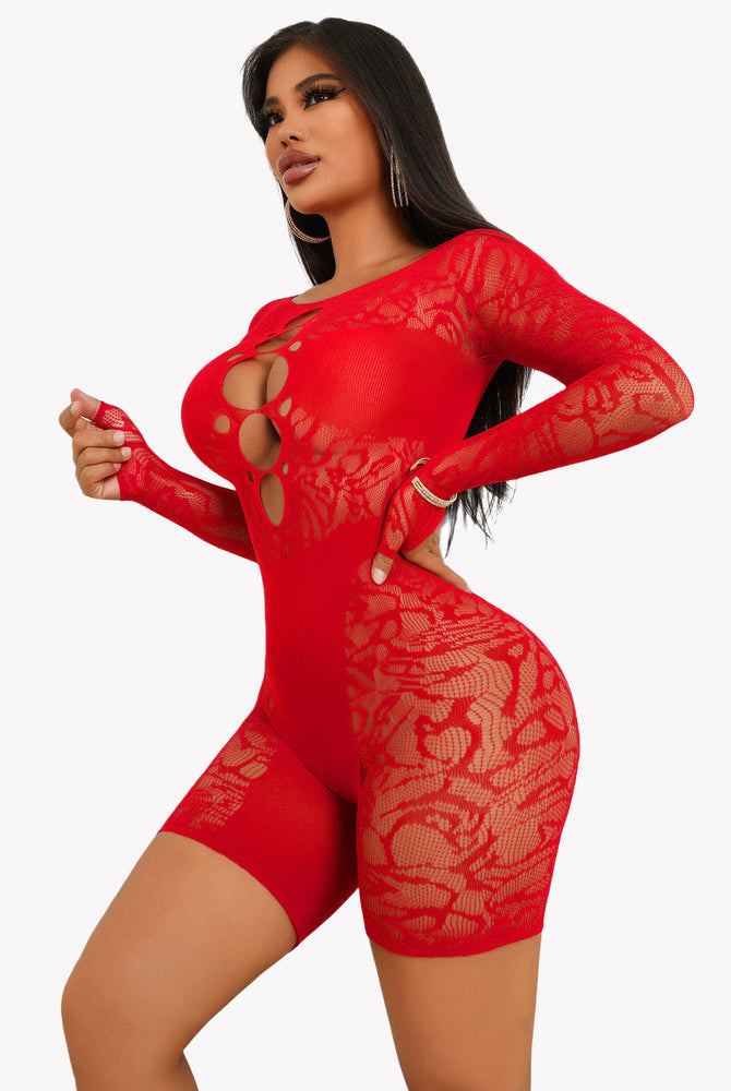 Red fishnet bodysuit with chest cutout and lace detail, designed to enhance curves for a sexy look