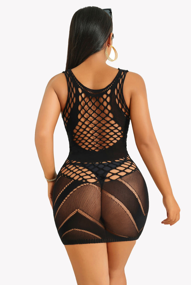 Black fishnet dress chemise with hollow-out design, sexy lingerie for women.