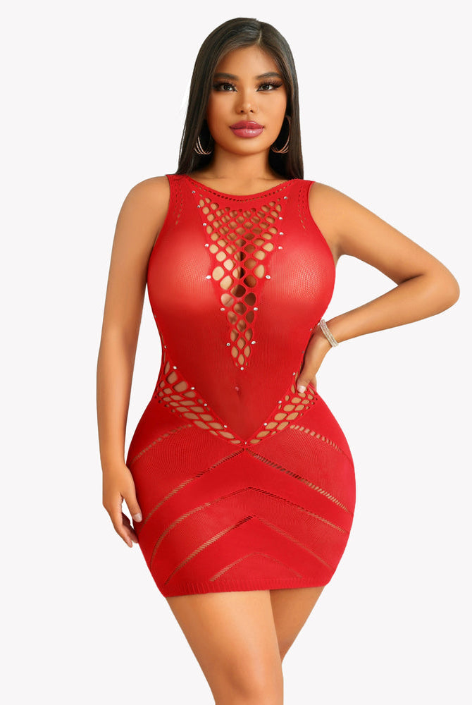 Red fishnet chemise with rhinestones. Sexy hollow-out lingerie. Avidlove design.