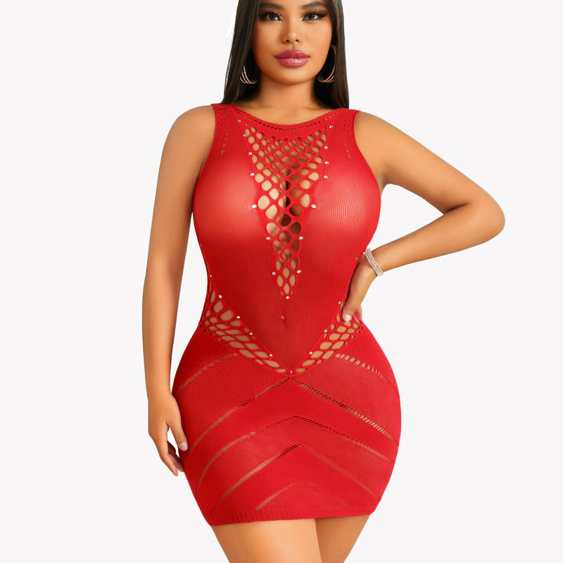 Red fishnet chemise with rhinestones. Sexy hollow-out lingerie. Avidlove design.