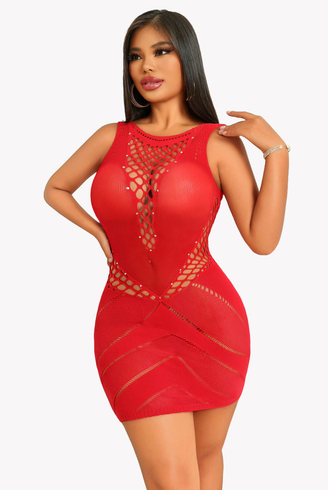 Red fishnet chemise. Sexy, see-through lingerie with rhinestones. Avidlove design. Confident wear.