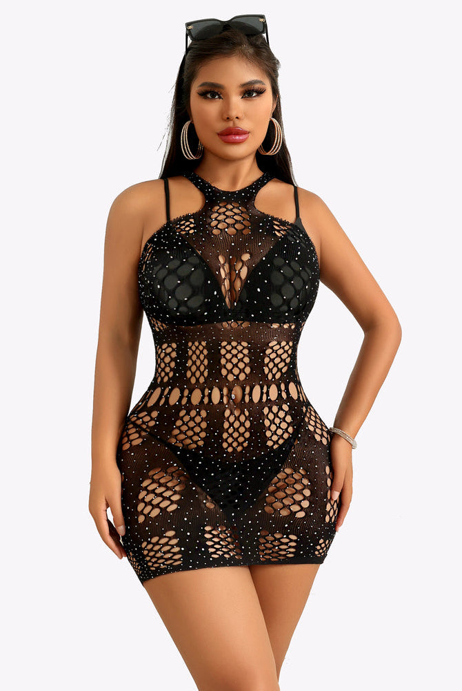 Black fishnet bodycon dress, hollow out design with rhinestones, perfect for showing off your curves