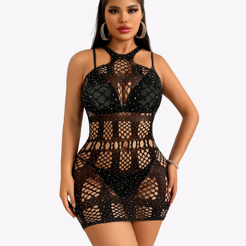 Black fishnet bodycon dress, hollow out design with rhinestones, perfect for showing off your curves
