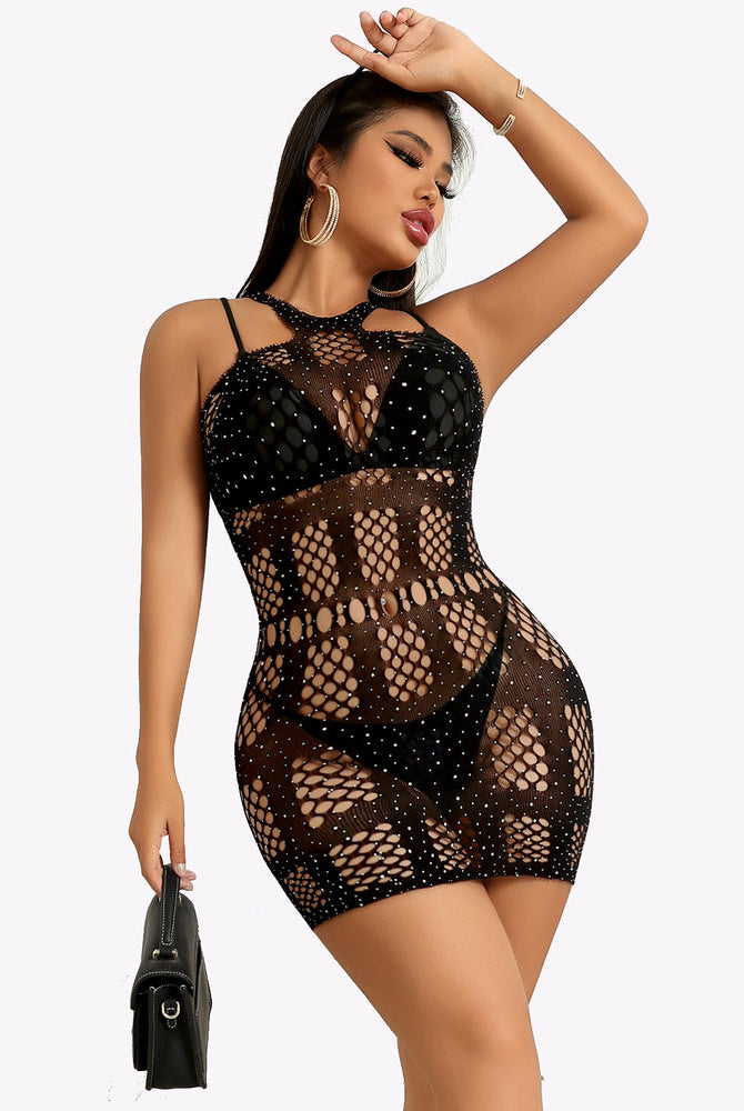 Black fishnet bodycon dress. Rhinestones and hollow-out design for sexy lingerie.