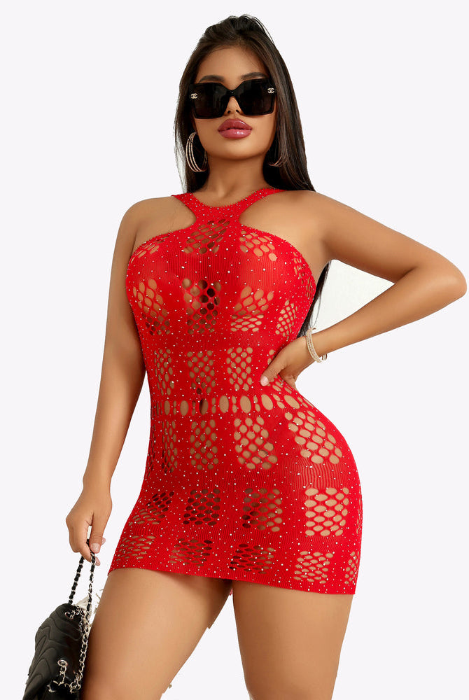 Red mesh fishnet bodycon dress with rhinestones. Hollow-out design for a sexy look.