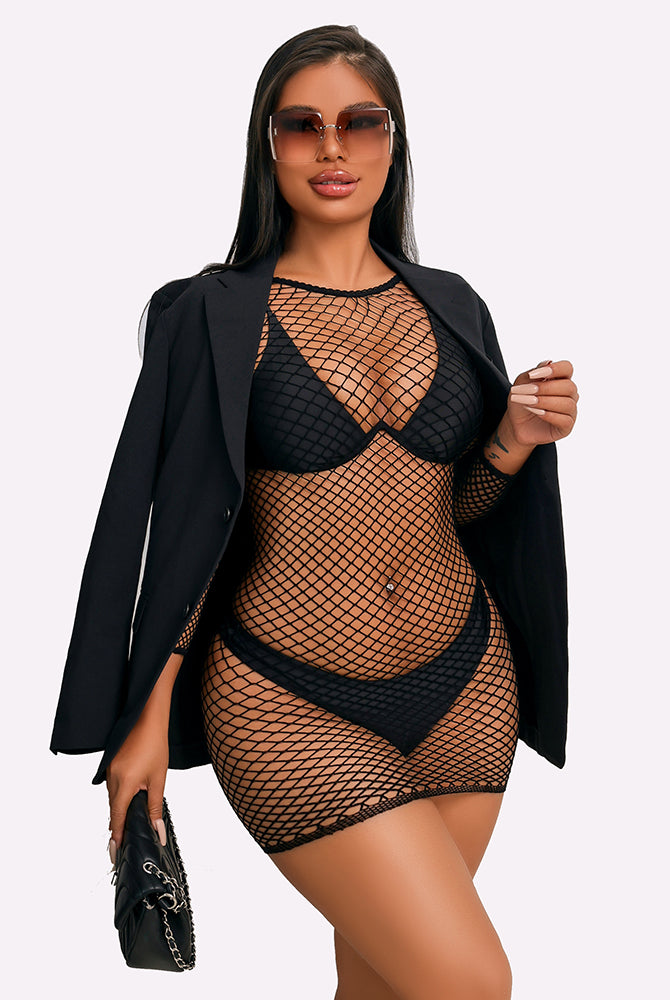 Black fishnet cover-up dress, black bikini, blazer, and sunglasses; a sexy and versatile style.