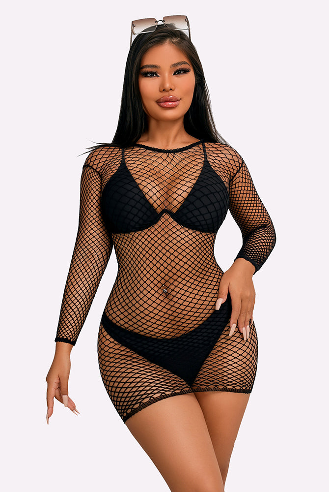 Black fishnet long sleeve cover-up for women, showing off curves in a sexy and versatile style.
