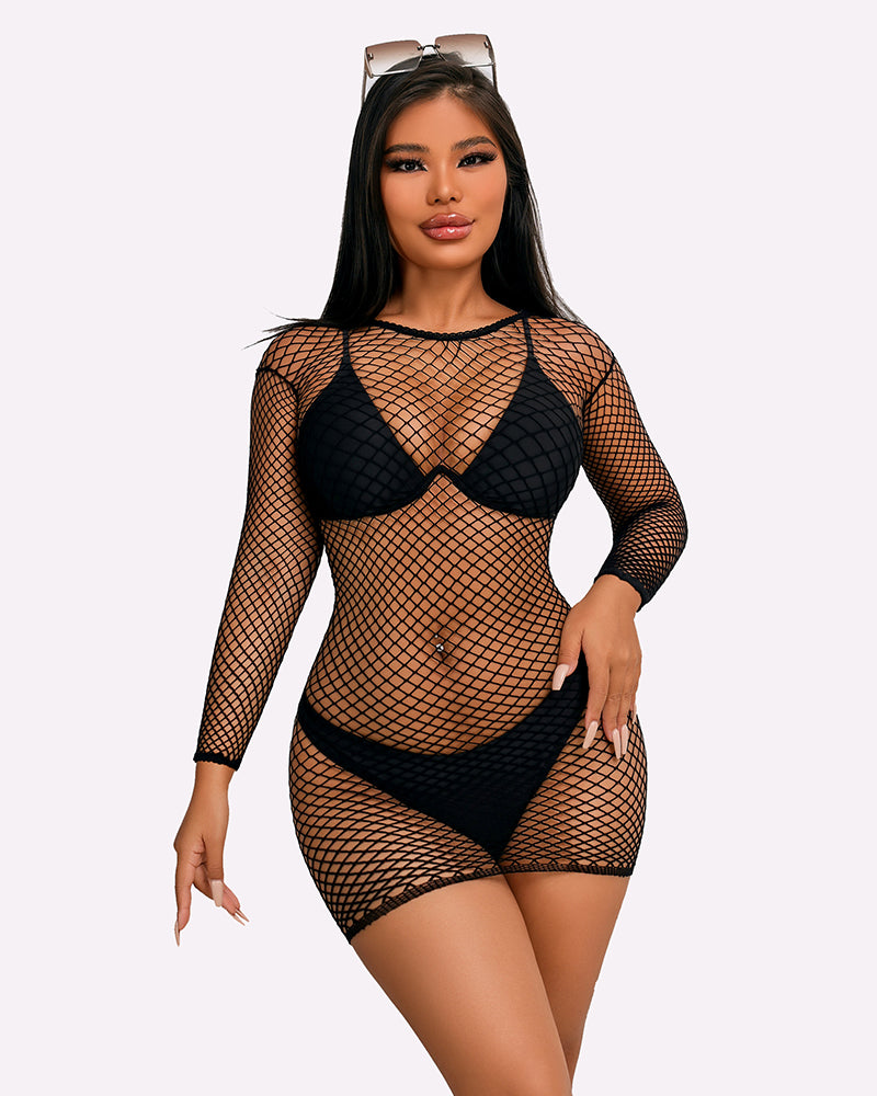 Black fishnet long sleeve cover-up for women, showing off curves in a sexy and versatile style.