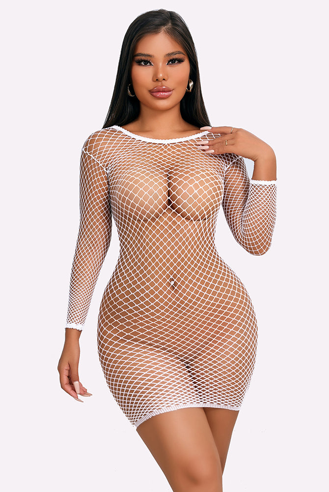 White fishnet long sleeve dress cover-up, showing off curves in a sexy and versatile style.