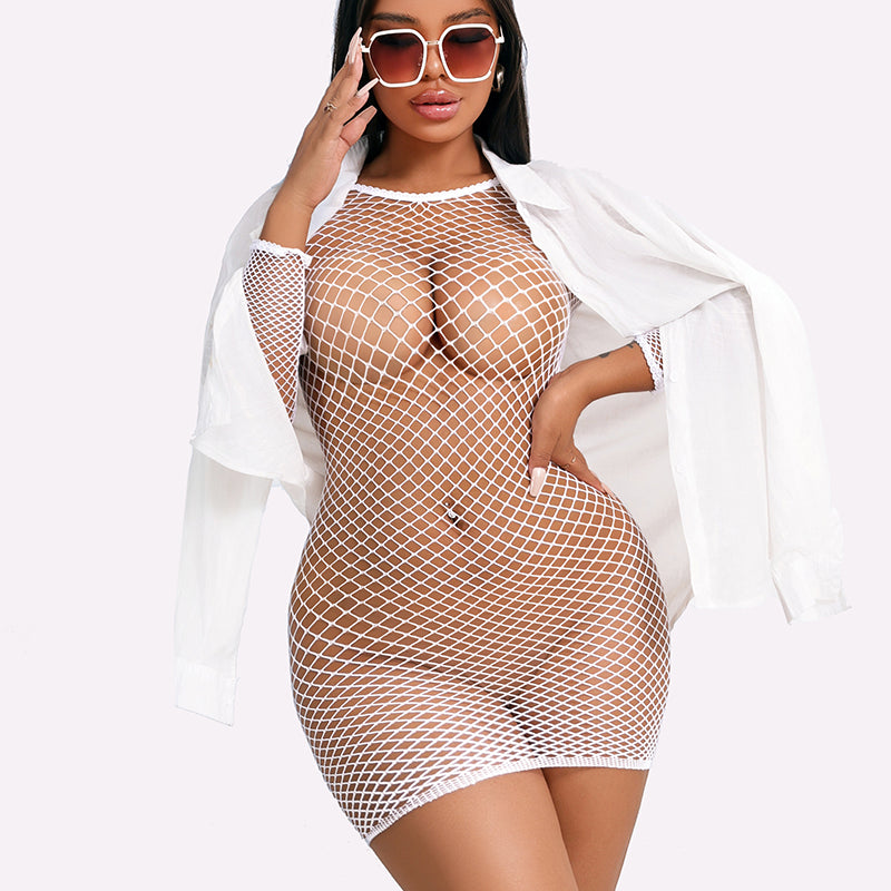 White fishnet dress cover-up. Features a long-sleeved design with a sexy and versatile fit.