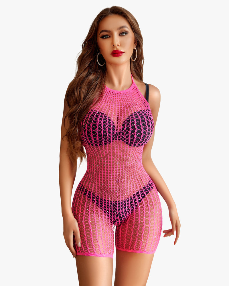 Hot pink fishnet romper with halter neck. Sexy lingerie coverup for women. Beach ready.
