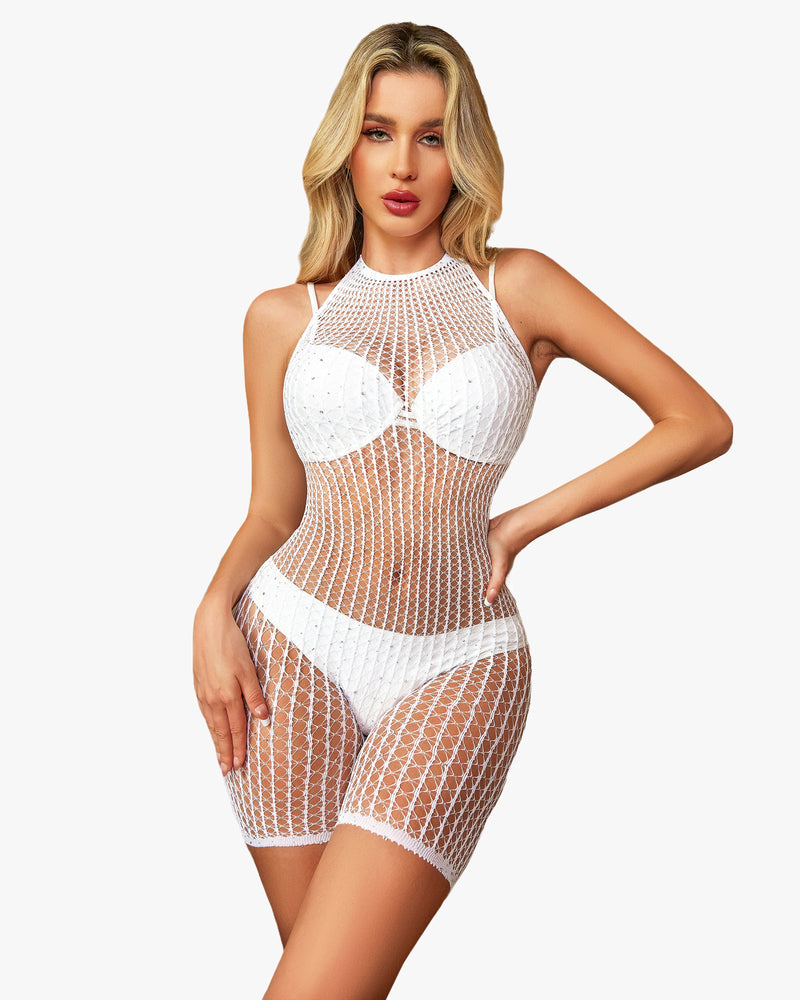 White fishnet romper with rhinestone details, halter neck design, sexy lingerie for women, coverup