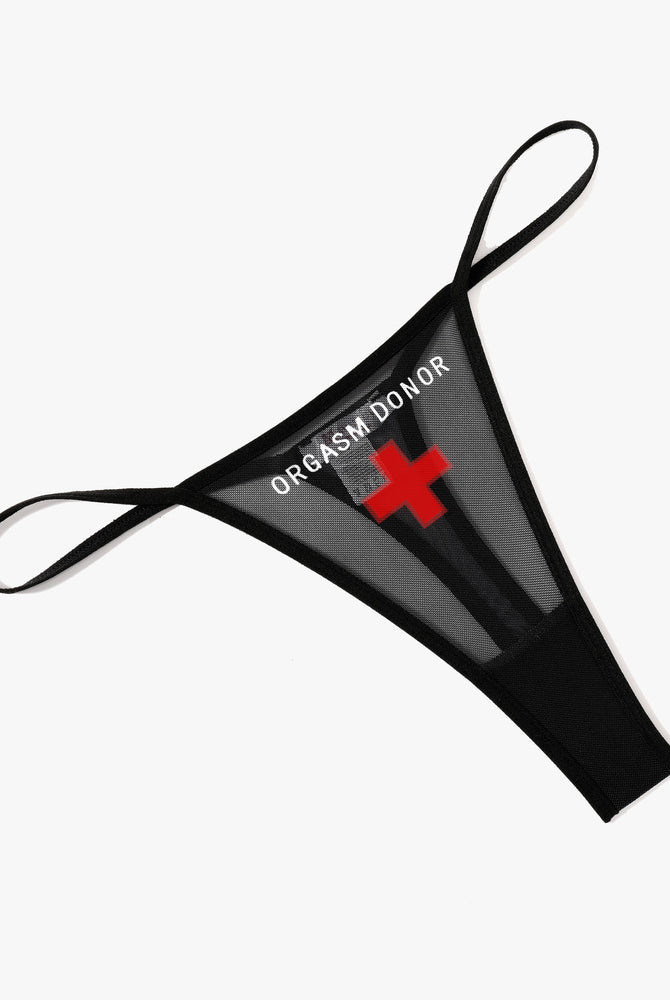 Black mesh thong panties with "ORGASM DONOR" print and red cross, low rise sexy lingerie