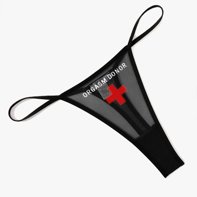 Black mesh thong panties with "ORGASM DONOR" print and red cross, low rise sexy lingerie