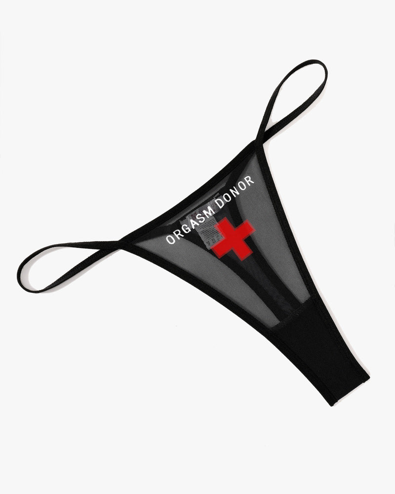 Black mesh thong panties with "ORGASM DONOR" print and red cross, low rise sexy lingerie