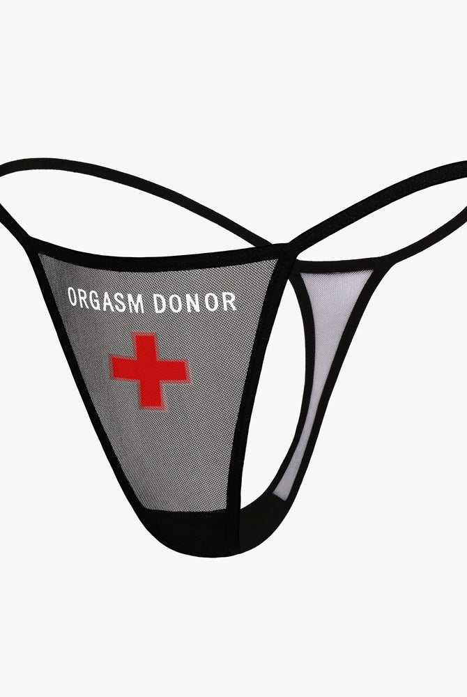 Black mesh thong panty with "ORGASM DONOR" print and red cross, low rise, sexy lingerie