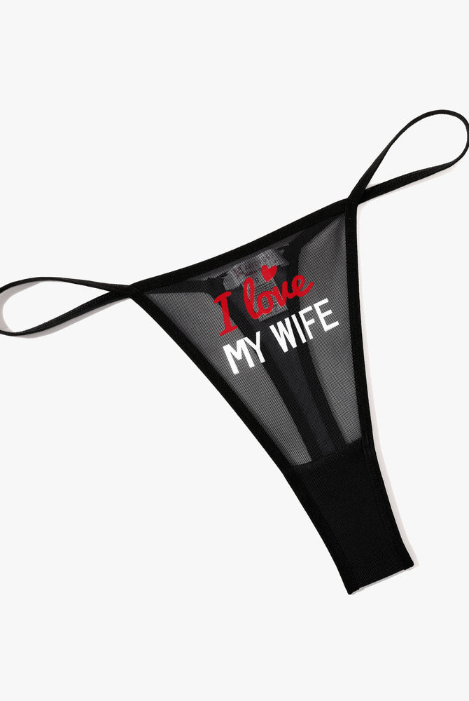 Black mesh "I Love My Wife" thong panties, sheer breathable fabric, low rise, sexy lingerie